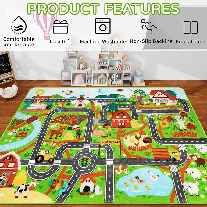 Kids Rug Play Mat for Toy Cars, 39.4" × 59" Farm Life Road Traffic for Playroom Kids Car Road Rugs Village Map Play Mat Non-Slip Washable Play Rug for Toddlers Boys Room Family Tummy Time Playtime