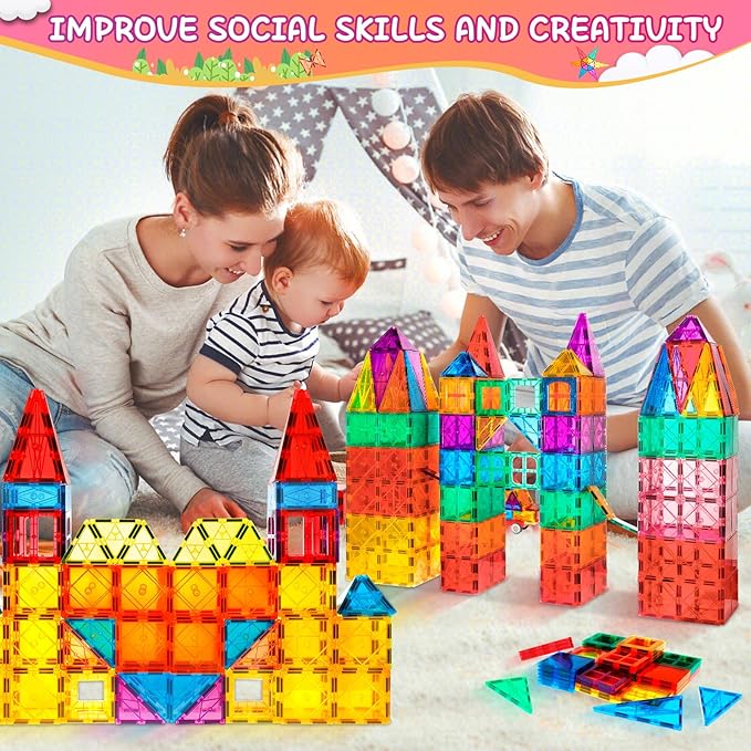 132PCS Magnetic Tiles with 2 Cars Deluxe Set, 3D Magnetic Building Blocks, Preschool Magnetic STEM Toys Sensory Educational Toys for Toddlers Kids 3 4 5 6 7 8-12, Gift for Boys Girls