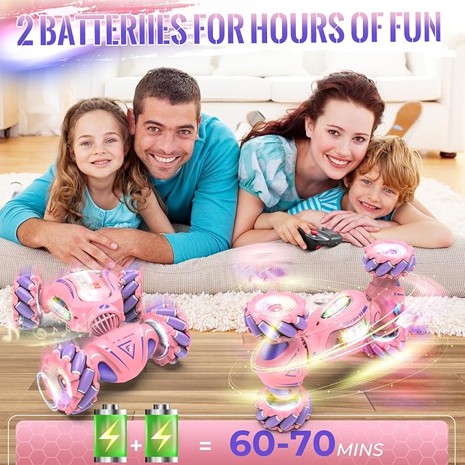 Pink Remote Control Car Toys Gifts for Girls 6-12, with Light & Music & Spray, 2.4Ghz 4WD Double-Sided 360° Rotating Gesture Sensing RC Stunt Car, Birthday for Girls Kids