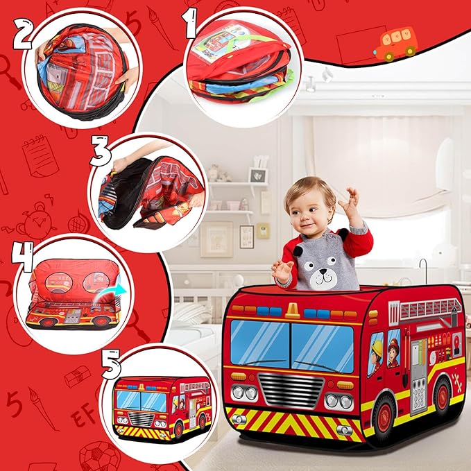 Pop up Play Tent for Kids Aged 1-3 Years Old Boys and Girls : Fire Truck Tent Playhouse Toy Play Tents for Toddlers 3-5 Kids Tent Indoor Outdoor Playhouse Toys for 1 + Year Old, Fire Truck