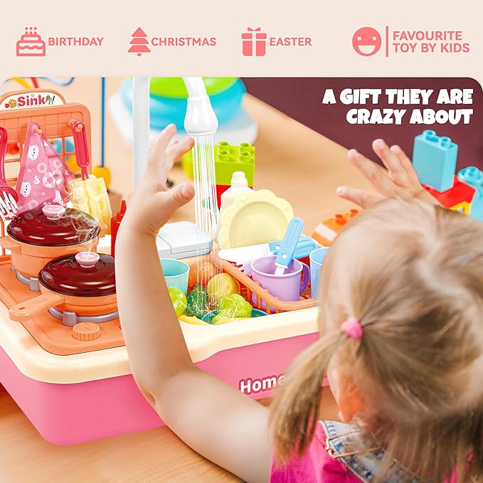 Play Kitchen With Running Water For Toddlers, Toy Kitchen Playset With Electric Faucet For Boys And Girls, Kids Pretend Play Sink With Cooking Stove, Pot, Pan, Play Food, Best Christmas Birthday Gifts