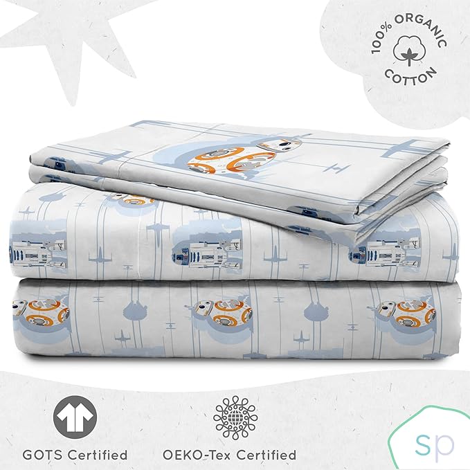 Saturday Park Star Wars Droids Queen Sheet Set - 4 Piece 100% Organic Cotton Sheets Features R2-D2 & BB-8 - GOTS & Oeko-TEX Certified (Star Wars Official)
