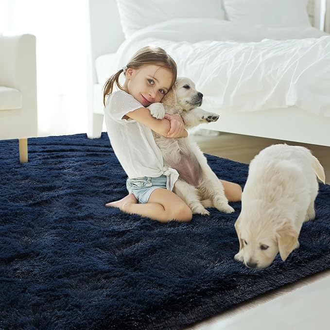 Amearea Shag Fluffy Area Rug for Kids Bedroom Living Room, Extra Soft and Fuzzy Shaggy Rugs, Non Slip, Solid Color Carpet Mat for Girls Nursery Home, Navy Blue 5x7.5 Feet