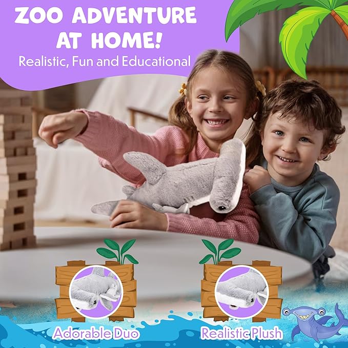 Mom and Baby Stuffed Animals for Boys & Girls, Safari Baby Shower Decorations, Nursery Decor, Zoo Animal for Toddlers, Quality Realistic Toy for Kids, Cute, Soft, Huggable, Squeezable (20" Hammerhead)