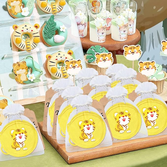 36 Pack Tiger Change Purses Set Include 12 Wallets with Keyring,12 Tags and 12 Organza Bags for Tiger Jungle Safari Themed Pary,Creative Souvenirs,Birthday Decor,Yellow