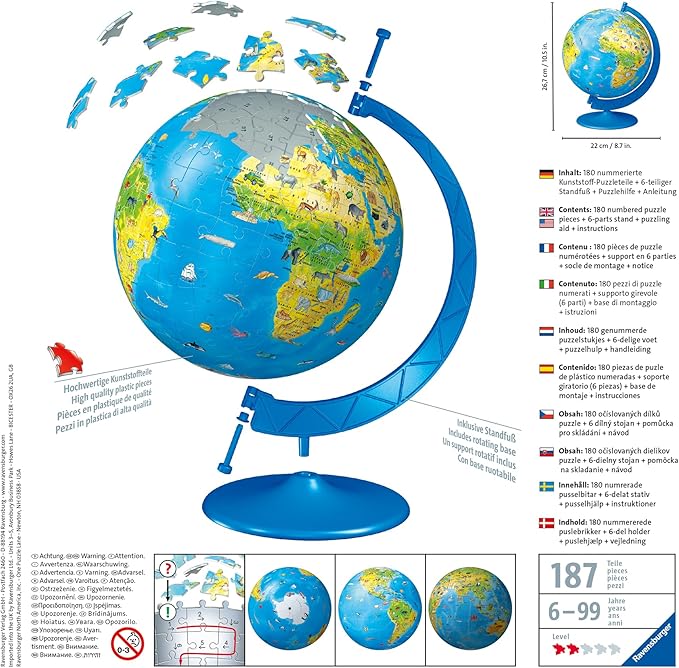 Ravensburger Children's World Globe 180 Piece 3D Jigsaw Puzzle | Easy Click Technology | Displayable Art | Perfect for Kids and Adults | 10.5 in Diameter