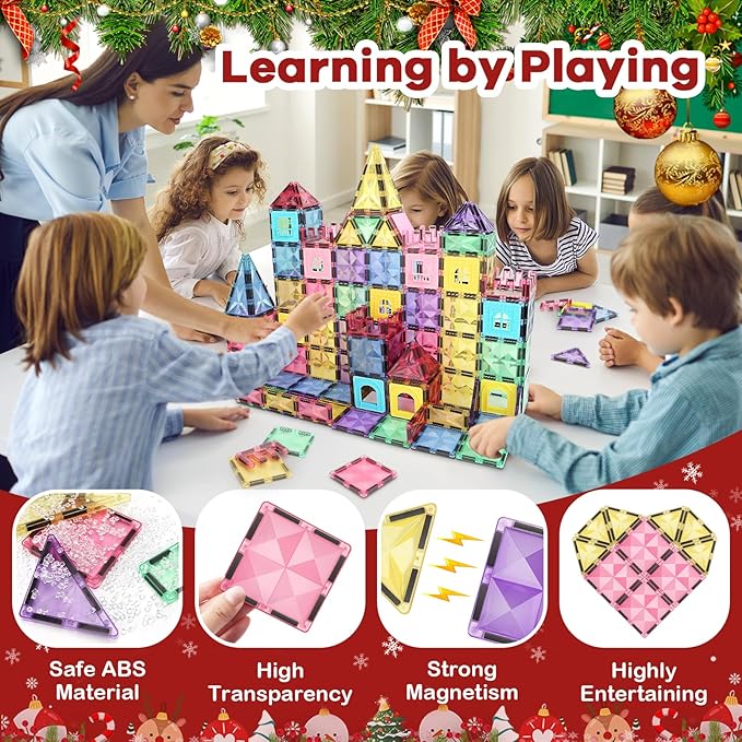 ROMDS Magnetic Tiles, Magnetic Building Blocks for Kids Ages 3+ and STEM Magnet Toys, Clear Magnet 3D Blocks Construction Playboards for Boys & Girls, Sensory Play for Preschool Learning(120 pcs)