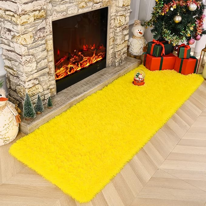 Amearea Shag Fluffy Runner Rug for Bedroom Girls Living Room, 2x6 Feet Extra Soft and Fuzzy Shaggy Rugs, Non Slip, Indoor Floor Long Carpet Mat for Boys Nursery Home Decor, Yellow