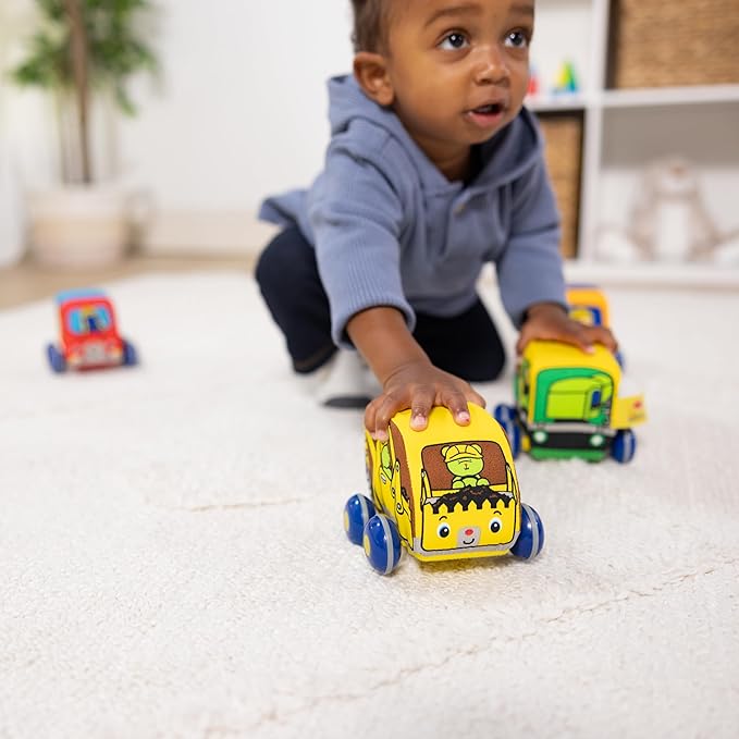 Melissa & Doug Pull-Back Construction Vehicles - Soft Baby Toy Play Set of 4 Vehicles - Cars For Infants, Construction Toys, Pull Back Cars For Babies Ages 9m+