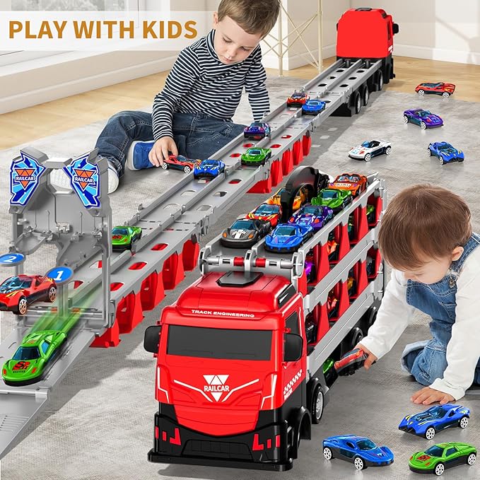 Racing Car Railway Truck Toy for Boys 2 3 4 5 6 7 Years Old - 78.7-inch Transport Carrier Trucks, Foldable Tracks Storage, die-cast Car, for Toddlers and Kids Aged 3-5