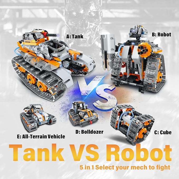 5 in 1 STEM Building Toys with LED Light, APP & Remote Controlled Cars Building, Robot/Tank/Bulldozer 552 Pcs, DIY Rechargeable Building Kit for Boys Girls, Science Learning Gifts for Age 6-12+ Year