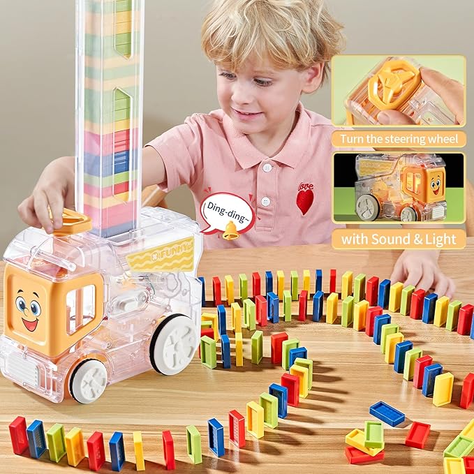 Electric Automatic Domino Train Set, Educational Toys for Ages 5-7, Boys Toys Age 4-6,Autistic Christmas Birthday Gift for Kids Toddlers Boys Girls Yellow