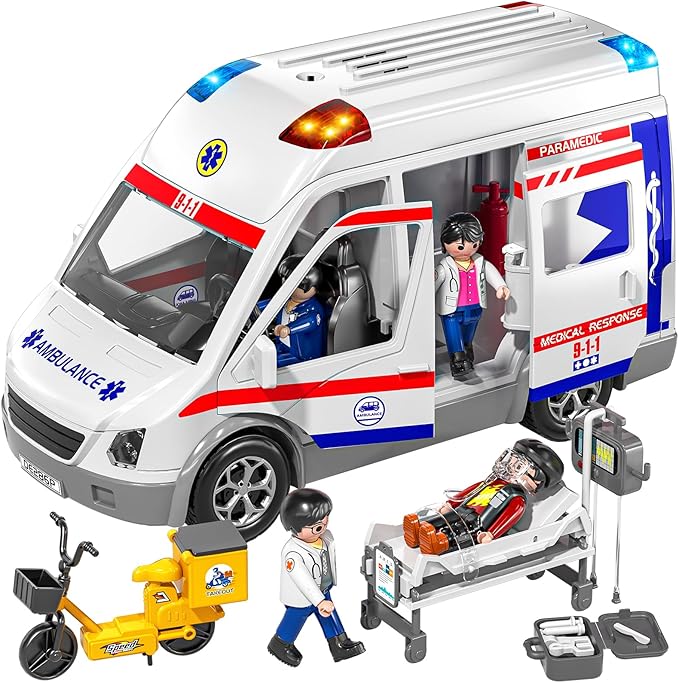 TEMI Ambulance Toy for Kids 3 4 5 6 7 8 Years Old Friction Powered Truck with Light and Sound Emergency Vehicle Toy for Boys Girls Gifts for Age 3-12 Boys Girls