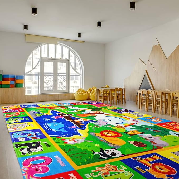 Kids Play Rug, Animals Print ABC Educational Mat for Floor, Playroom, Non-Toxic Soft Baby Crawling and Tummy Time Nursery Rug (Green, 110.2X78.7 INCH)