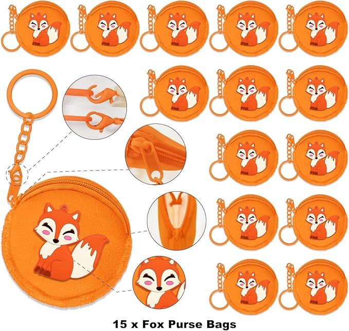 15 Pack Fox Mini Coin Purses with Keyring for Woodland Animals Forest Wild One Camp Themed Goodie Bag Stuffer, Present for Friends, Creative Souvenirs, Kids Birthday Party,Orange