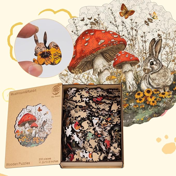 Rabbit Mushroom Wooden Jigsaw Puzzle for Adult and Kids 200 Pcs Unique Shape Multicolor Bunny Wood Box Fun Challenge Brain Teaser Family Game Creative Gift for Friends Rompecabezas Madera