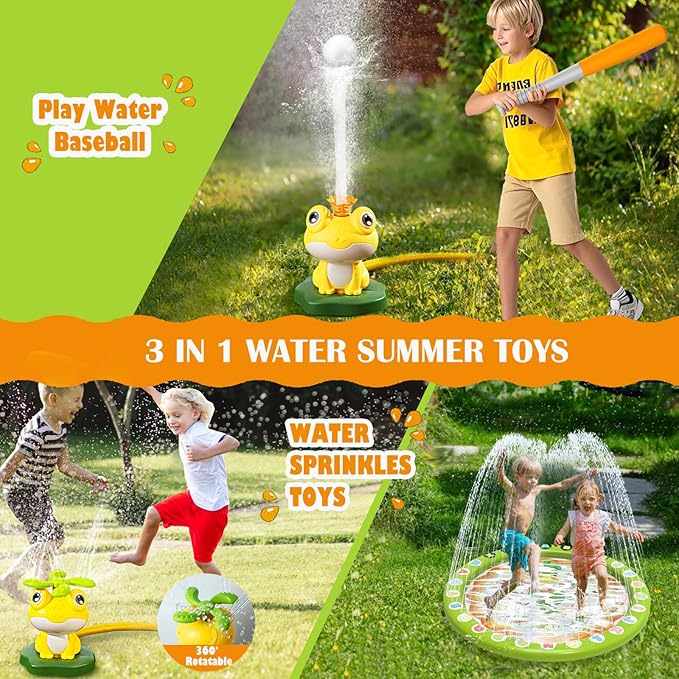 Water Sprinkler Baseball Toy for Kids with Splash Pad Outdoor Toddler Toys Kids with 2 Sprinkler Heads 360° Rotating Spray Water Baseball, Toddler Summer Activities for 3-8 Years Old Boys & Girls