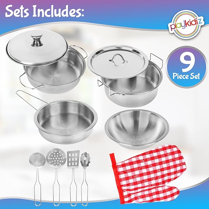 Playkidz Stainless Steel Pots and Pans - Toy Cookware 9 Piece Playset for Kids Pretend Play House - Great Birthday Gift for Girls