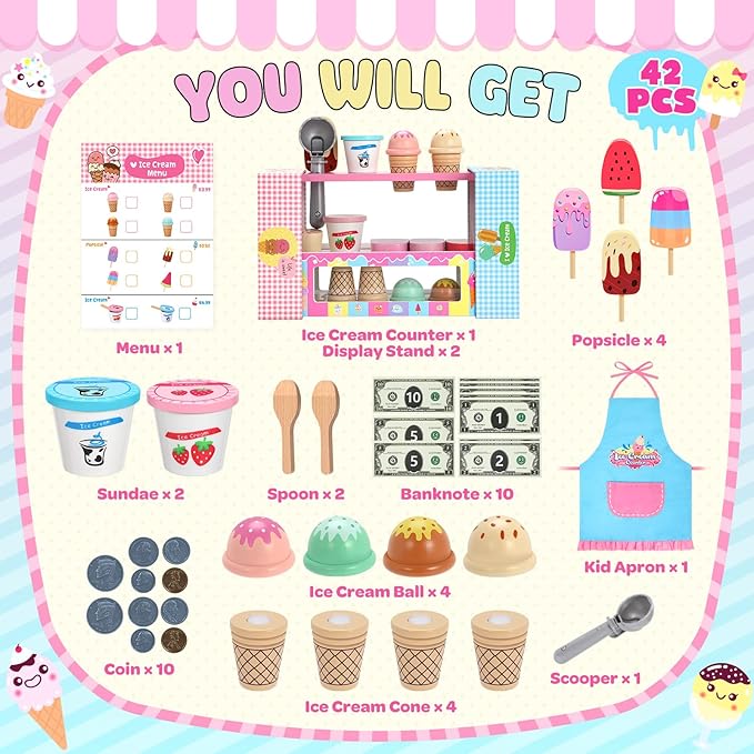 INNOCHEER Ice Cream Toy, Wooden Ice Cream Play Set, Pretend Play Kitchen Toys, Ice Cream Toys for Toddlers, Ice Cream Shop Playset Play Store, Gifts Toys for 3 4 5 6 7 8+ Year Old Girls Boys