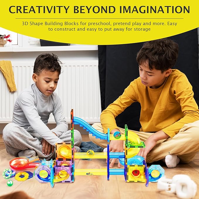 PicassoTiles 62 Piece Magnetic Marble Run Pete The Cat Marble Maze Marbles for Kids Race Track Toy Set Sensory Toys for Toddlers STEM Education Magnet Building Blocks Construction Tiles Boys Girls 3+