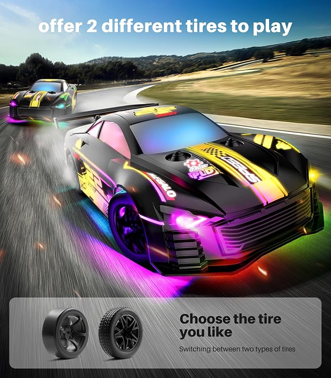 RC Car 1:24 Scale, 4WD High-Speed Remote Control Car with LED Lights, 2.4GHz Non-Disruptive, Rechargeable Batteries, 360° Drifting, PVC Shell, Ideal Birthday for Kids