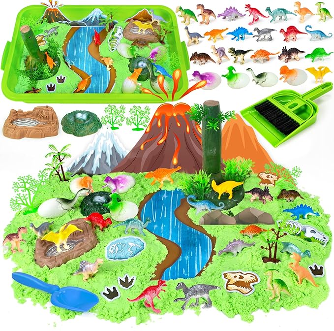 Dinosaur Sensory Bin Toys for Kids, 49Pcs Dinosaur Sandbox Play Sand Kit with 2.2lbs Magic Sand, Dino Figures, Forest Scene Models, Shovel, Preschool Toddler Activities Birthday Gift for Age 3-8