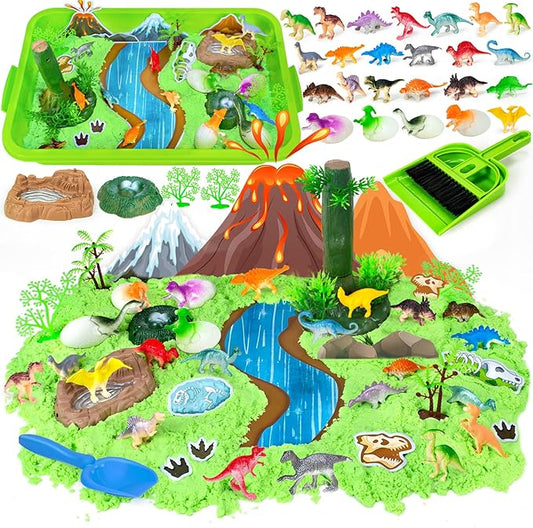 Dinosaur Sensory Bin Toys for Kids, 49Pcs Dinosaur Sandbox Play Sand Kit with 2.2lbs Magic Sand, Dino Figures, Forest Scene Models, Shovel, Preschool Toddler Activities Birthday Gift for Age 3-8