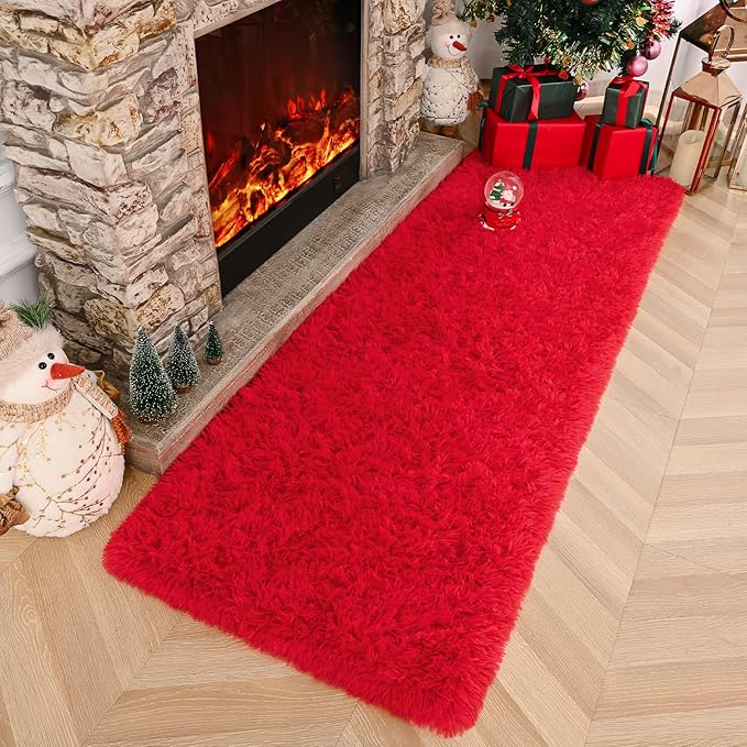 Amearea Shag Fluffy Runner Rug for Bedroom Girls Living Room, 2x6 Feet Extra Soft and Fuzzy Shaggy Rugs, Non Slip, Indoor Floor Long Carpet Mat for Boys Nursery Home Decor, Red
