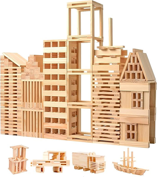 Wooden Building Blocks Set - 200-Piece Plank Block Construction Toys, STEM Educational Wood Toy for Kids and Toddlers