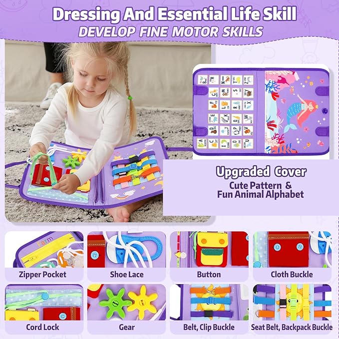 Esjay Toddler Busy Board, Montessori Toys Busy Book, Sensory Board Birthday Gifts for Girls Boys, Learning Educational Toy for Fine Motor Skills, Travel Activities for Airplane Car