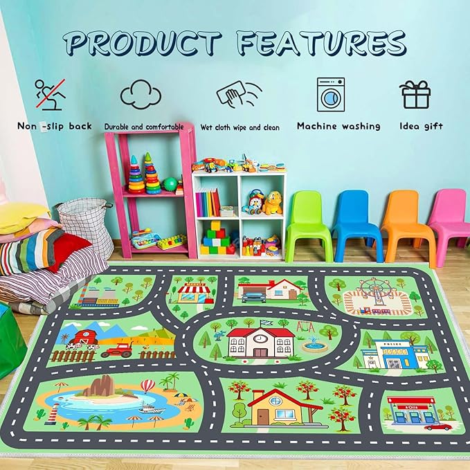 Kids Rug Car Rugs Playmat Carpet for Play Toy Cars for Playroom Classroom Kids Room, Educational Area Rugs Non-Slip Road Traffic Floor Rug Mats, Ideal Gift for Nursery Children Boy Girl 2.6x3.9ft