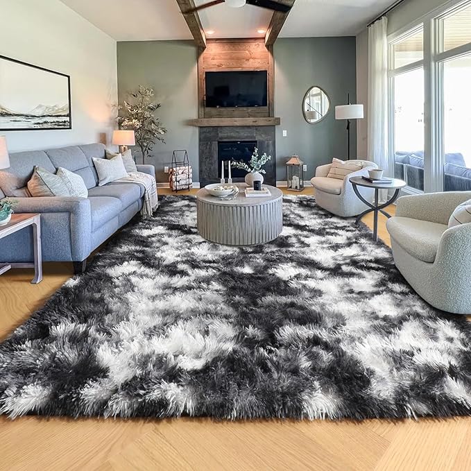 PAGISOFE Black White Grey Area Rugs for Living Room Bedroom Aesthetic, 8x10 Rug, Shag Fuzzy Fluffy Rug for Kids Room, Playroom, Classroom Dorm, Shaggy Soft Carpet, Plush Bedside Rugs, Modern Cool Rugs