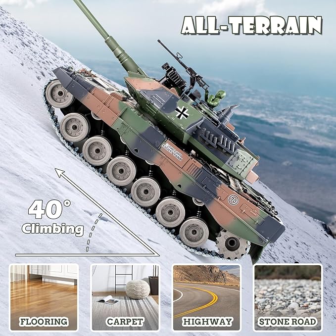 1:18 RC Tank, 2.4Ghz Metal German Leopard II Remote Control Model Toys, RC Vehicle Military Tank That Shoots BBS and Water Bombs, Army Toy for Adults and Kids with Smoke, Lights, Sound, Recoil