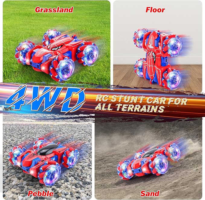 Spider Remote Control Car, 2.4Ghz RC Cars with Headlight Double Sided Off-Road 360° Rotating Rechargeable 4WD RC Stunt Car Indoor Outdoor Spider Toys for Boys 4-6 5-7 8-13