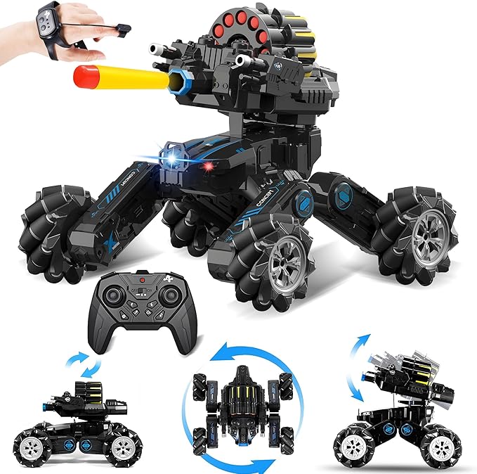 RC Tank Car with Drift,Hand Gesture Control Dual Mode Stunt Truck with Light, Spray and Music, 2.4Ghz Free Deformation Remote Control Fighting Bullets Vehicle for Kids