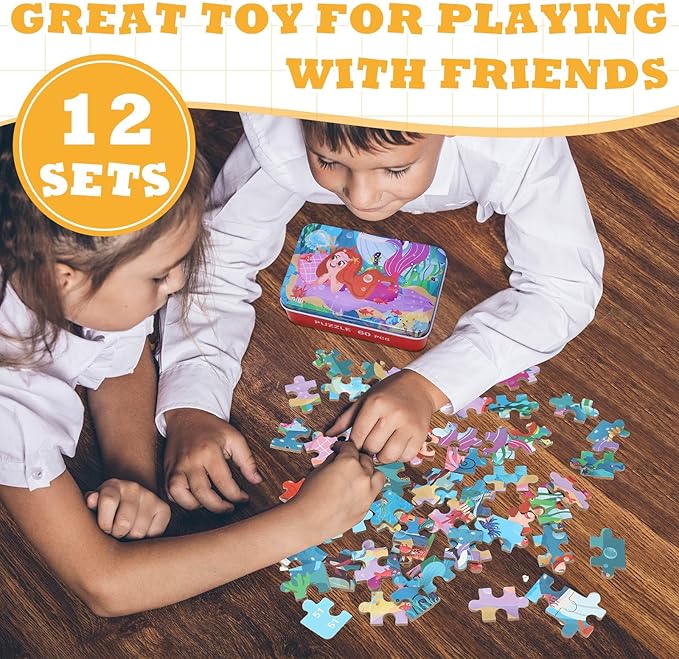 12 Boxes Party Favors Jigsaw Puzzles in a Metal Box for Age of 4-8, Wooden Puzzle for Ages 4-8 Boys and Girls Learning Educational Jigsaw Pieces Toys, 12 Styles(Novel)