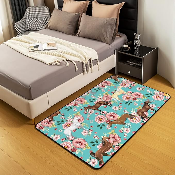 Kids Horse Rug, Chic Retro Floral Area Rug 3x5 for Girls Teens, Galloping Horse Printed Carpet for Living Room, 3D Wild Farm Animal Non Slip Decorative Rug, Green Pink
