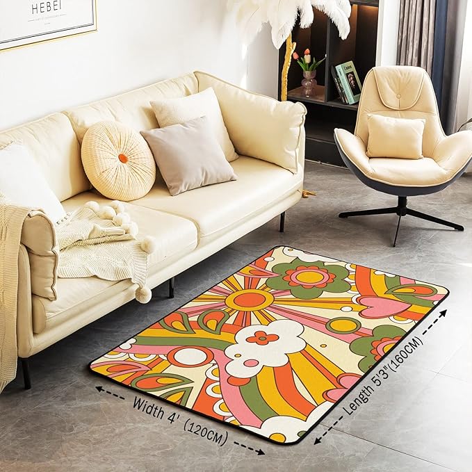 Erosebridal 60S 70S Hippie Area Rug 4x5 Vintage Boho Sun Carpet Groovy Flowers Clouds Love Hearts Decorative Rug for Kids Girls Teens,Abstract Vintage Floral Washable Rug for Bedside