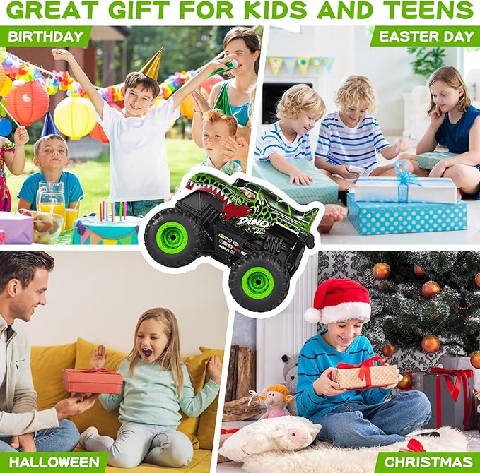 Remote Control Car, 2.4Ghz All Terrain Dinosaur Monster Truck Toys, RC Truck with Music, 3 Lighting Effects, 360 Stunt Capable, All included Ready to Run, Toy Gifts for Boys and Girls (Green)