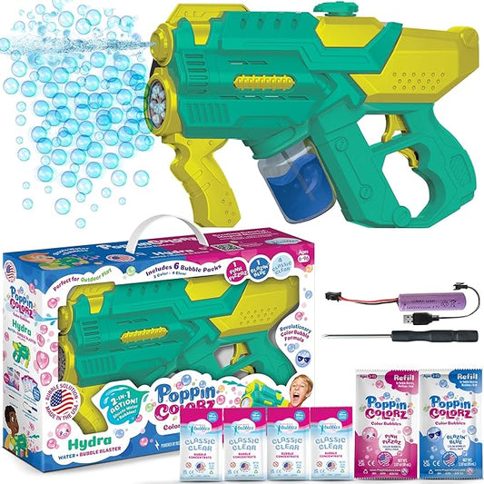 PoppinColorz Hydra Rechargeable 2-in-1 Color Bubbles Blaster & Water Gun:2025 Toy of The Year Finalist. 2X Color Bubble Liquid & 4X Clear No-Spill. Bubble Solutions for Toddlers. Bubbles Made in USA.