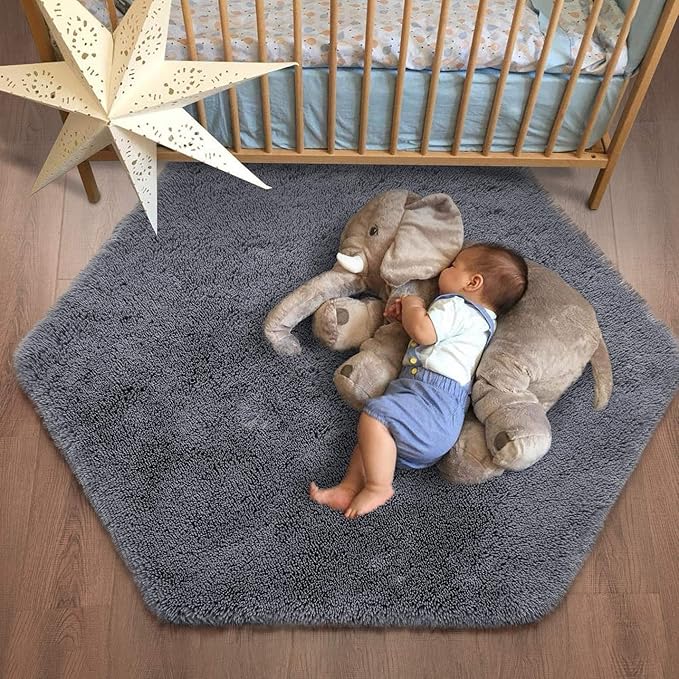junovo Ultra Soft Rug for Nursery Children Room Baby Room Home Decor Dormitory Hexagon Carpet for Playhouse Princess Tent Kids Play Castle, Diameter 4.6 ft, Grey