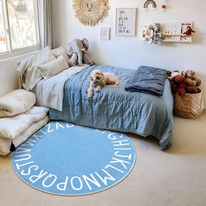 Topotdor Round Kids Play Rug Alphabet Nursery Area Rug Extra Large Soft Crawling Play Mat for Children Toddlers Bedroom (63 inch, Sky Blue)