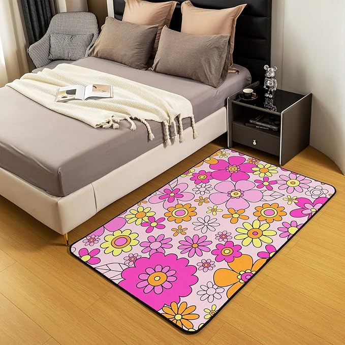 Girls Pink Flowers Area Rug 3x5,Psychedelic Groovy Floral Power Rug Aesthetic,Hippie Vintage 60S 70S Style Carpet Funky Hand Drawn Non Slip Living Room Rugs