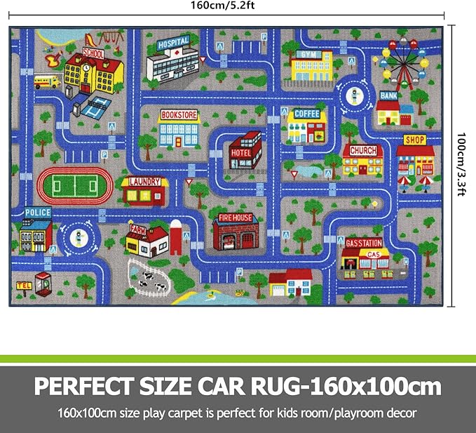 Capslpad Blue Car Road Kid Rug Carpet Playmat for Playoom Traffic Road Kids Play Mat for Toddler Non Slip Washable City Map Race Track Carpet Rug for Kids Room Bedroom Nursery Room Decor,5.2'x3.3'