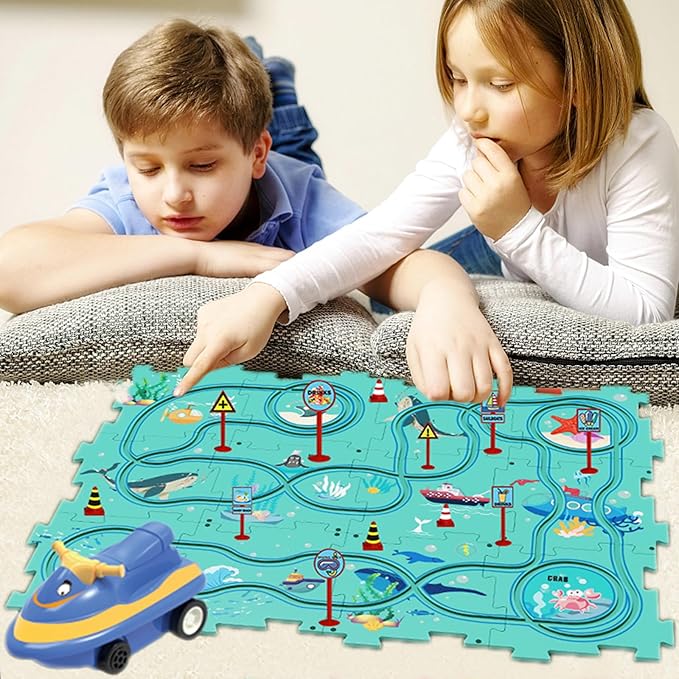 25PCS Puzzle Racer Kids Car Track Set, Ocean Series Jigsaw Puzzle Racer Car Track Set Puzzle Track Car Play Set Preschool Gifts for Kids Christmas Birthday Gift for Boys Girls