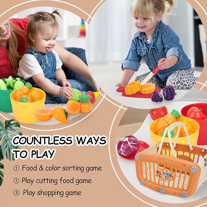 Kids Shopping Cart with Cutting Play Food Set for Kids Kitchen, 2 in 1 Shopping Cart for Kids Grocery Store Pretend Play Kitchen Accessories Sorting Food Bucket Learning Toys Gift for Toddler 3-5