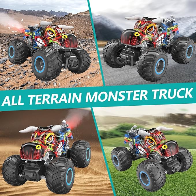Remote Control Monster Truck, 2.4GHz All Terrain Remote Control Monster Cars, 1:16 Monster Truck RC Trucks, Remote Monster Car with Spray Music and Light for Boys 4-7 8-12 Kids