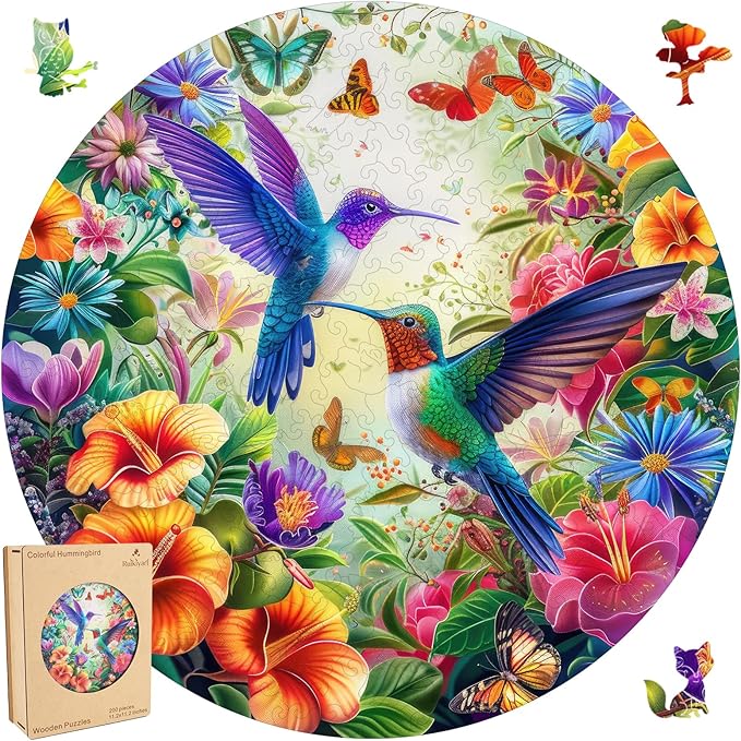 Colorful Hummingbird 200 Pieces Wooden Jigsaw Puzzles for Adults with Unique Shapes Fun Challenging Birds Puzzles for Kids and Couples on Birthday,Children's Day,Christmas11.2 x11.2
