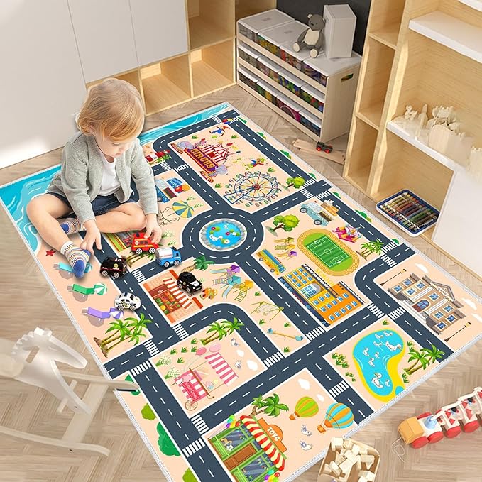 Kids Carpet Playmat Car Rug, Car Rug for Kids Toy Cars and Train, Non Slip Play Mat for Playroom Kids Room, City Life Educational Road Traffic Carpet for Classroom Nursery(Yellow,63×94in)
