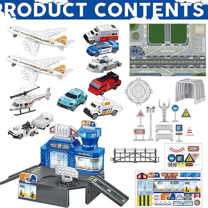 Airplane Toy Set - Airport Playset for Toddlers with Trucks,Planes, Helicopter, Signs and Fabric Airport Playmat, Interactive Early Learning Toys Birthday Gift for Boys and Girls Age 2 3 4 5+